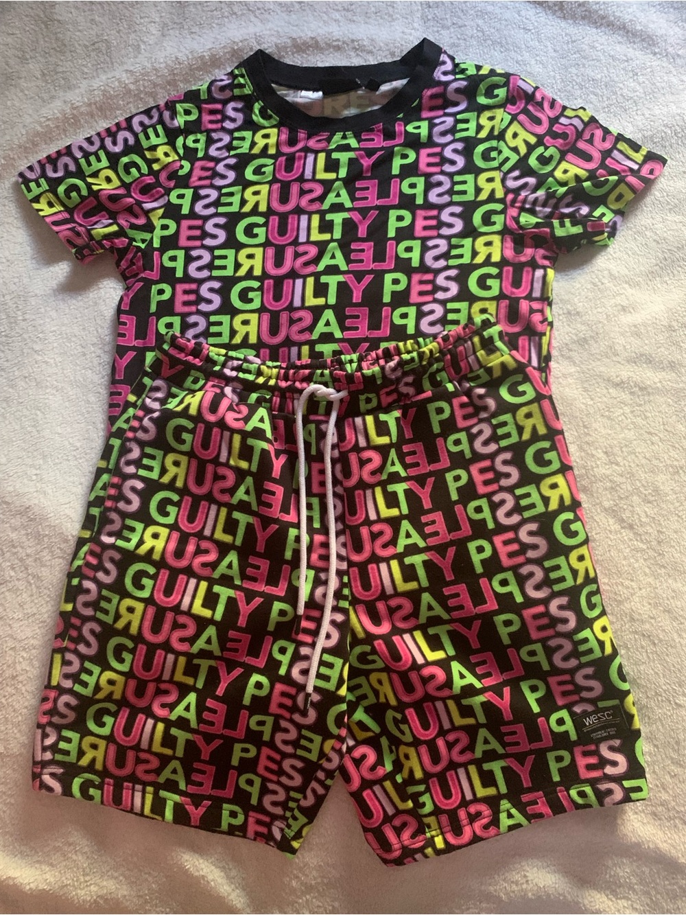 Wesc Mens Black Shorts Set with Neon Pink & Neon Green 'GUILTY' Print